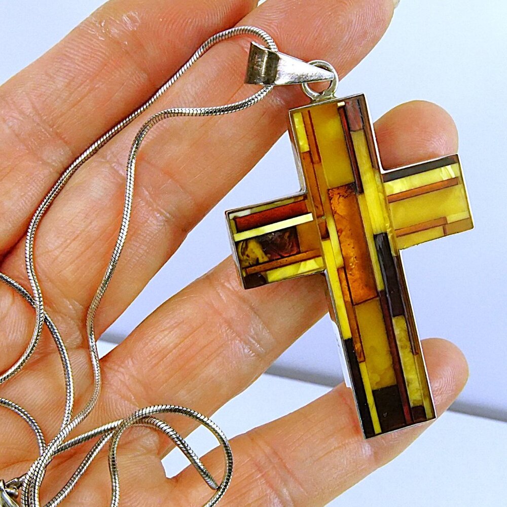 Big Multicolor Amber 925 Silver Cross Pendant With 23 inch Italian Snake Chain
